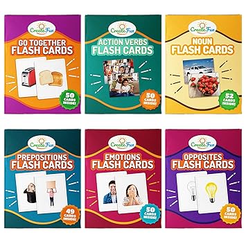 CreateFun Vocabulary Builder 6 Pack | 299 Educational Photo Cards with Learning Games | Includes Emotions, Go Togethers, Nouns, Opposites, Prepositions, Verbs | Flash Cards for Home and Speech Therapy