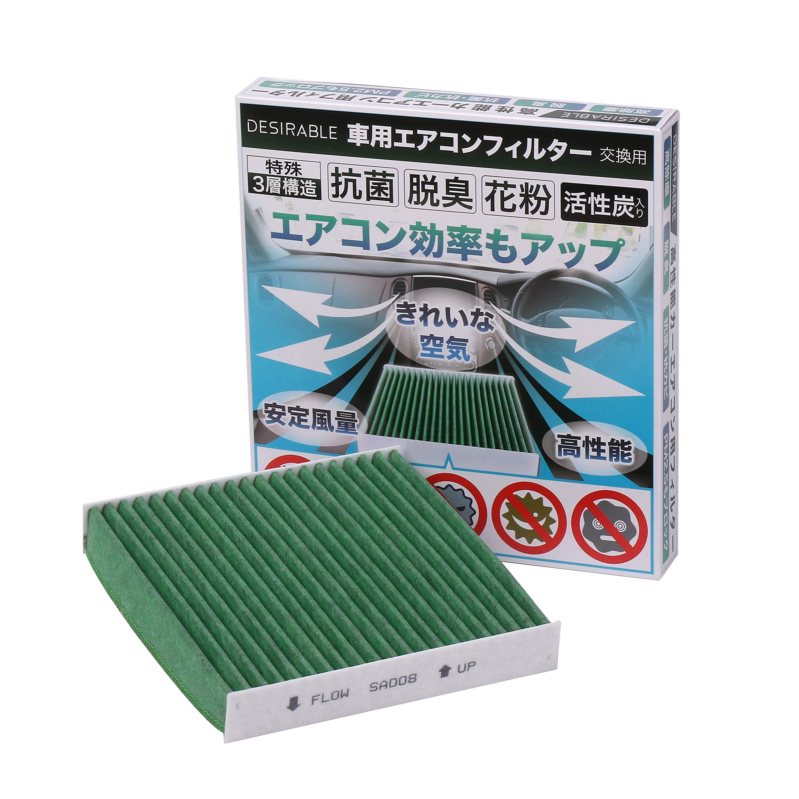 Desirable製 特殊3層構造＆活性炭入り 交換用 エアコンフィルター PM2.5除去 ウィルス 排ガス 抗菌 抗カビ をブロックの高機能 タウンエース ダイナ ライトエース モコ SA008 参考型番DCC7003、08975-K2004等商品画像