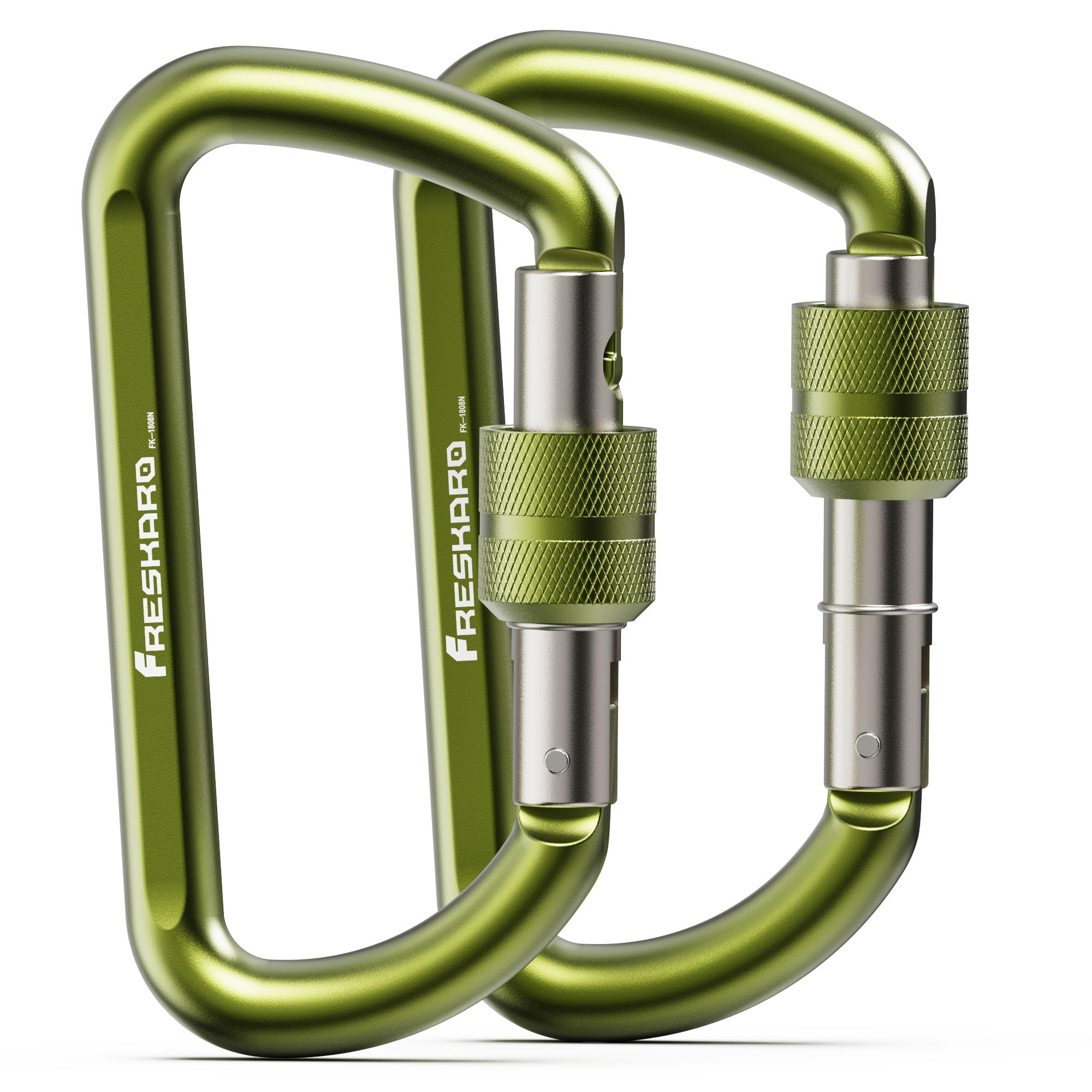 FresKaro 3inch Locking Carabiner Clips Heavy Duty, Strong 12kN Screw-gate Aluminum Carabina, Karabiner Hooks, Rust free, Lightweight, for Dog Lead, Hammocks, Swing, Camping, Key, D-Shaped, 2Pack,Green