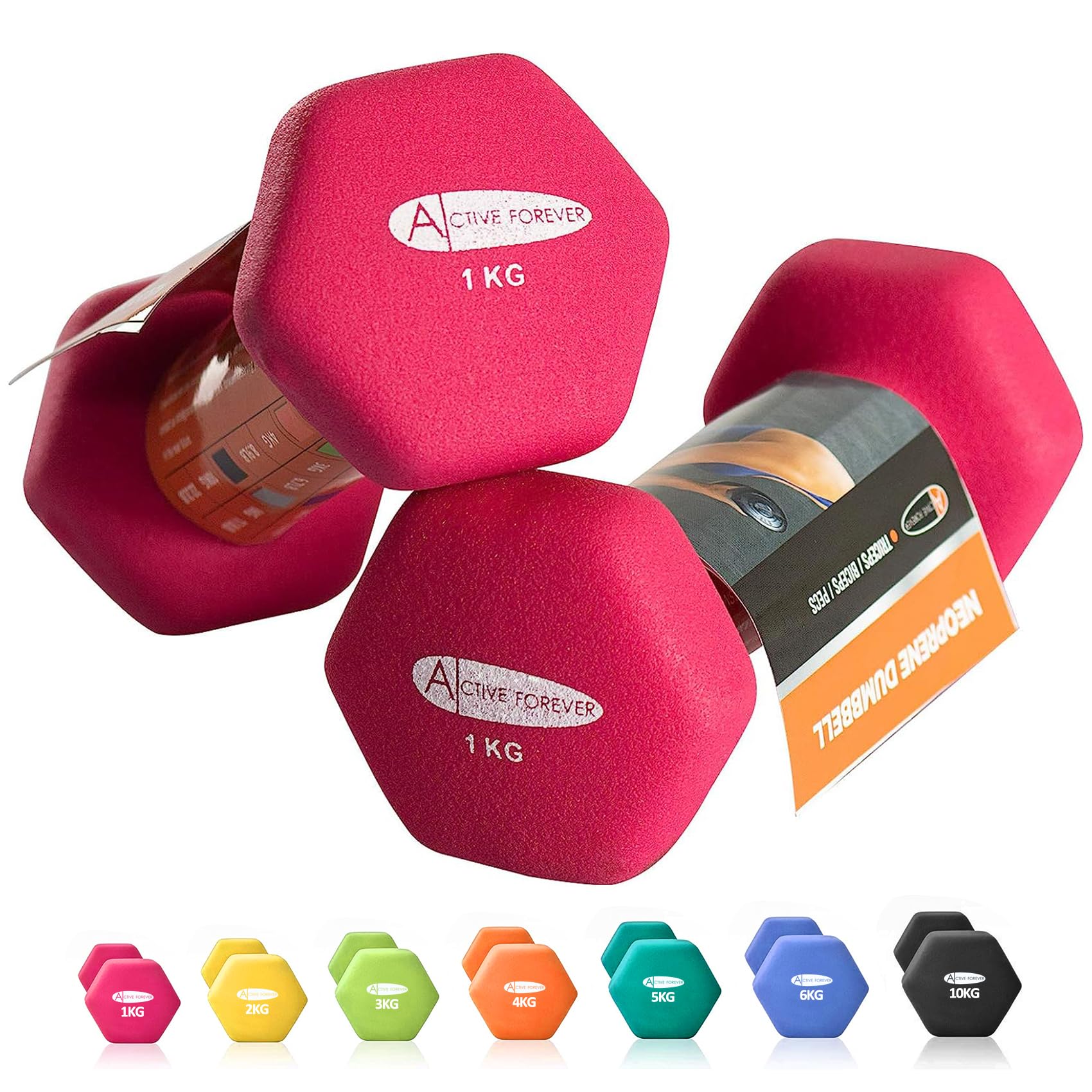 ACTIVE FOREVER Dumbbells 2×1kg, Set of 2, Hex Dumbbells Pair, Neoprene Waterproof Non-slip Dumbells Set (Pink)