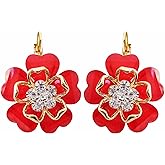 Navachi 18k Gold Plated White Crystal Acetate Blooming Flowers Leverback Earrings