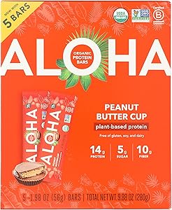 ALOHA Organic Plant Based Protein Bars, Peanut Butter Cup , 1.98-Ounce Bars, (Pack of 5)