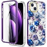 Hocase for iPhone 14 Case/iPhone 13 Case, (with Built-in Screen Protector) Shockproof Slim Soft TPU+Hard Plastic Full Body Protective Case for iPhone 14/iPhone 13 (6.1") - Blue Purple Flowers