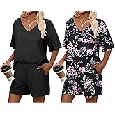Ekouaer 2 Pack Womens Pajamas Set Summer Printed Pjs Short Sleeve Sleepwear V Neck Pj Shorts Set Loungewear S-XXL