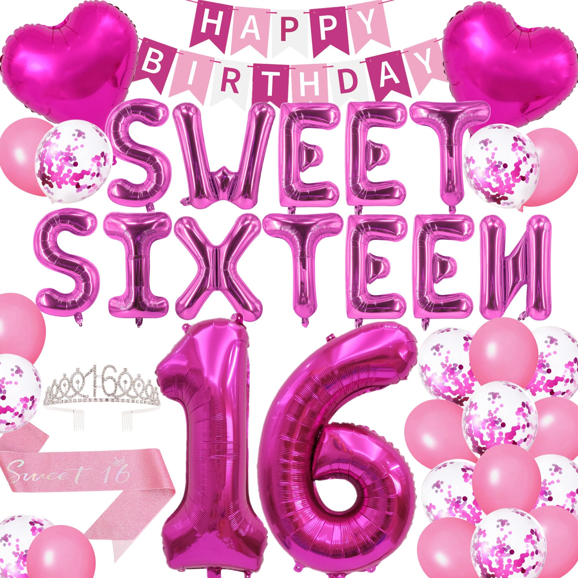 Photo 1 of 16th Birthday Party Decorations Rose Red Sweet 16 Party Balloons Sixteen Birthday Tiara Pink Sash Happy Birthday Banner for 16 Year Old Girls Women Birthday Party Supplies