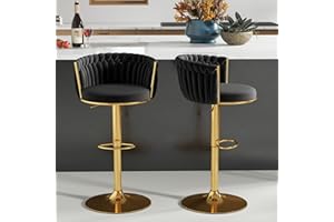 ABET Gold Bar Stool Set of 2, Velvet Swivel Barstools, Height Adjustable Counter Stools with Woven Back, Upholstered Modern Luxury Kitchen Stools with Footrest for Cafe, Pub, Black