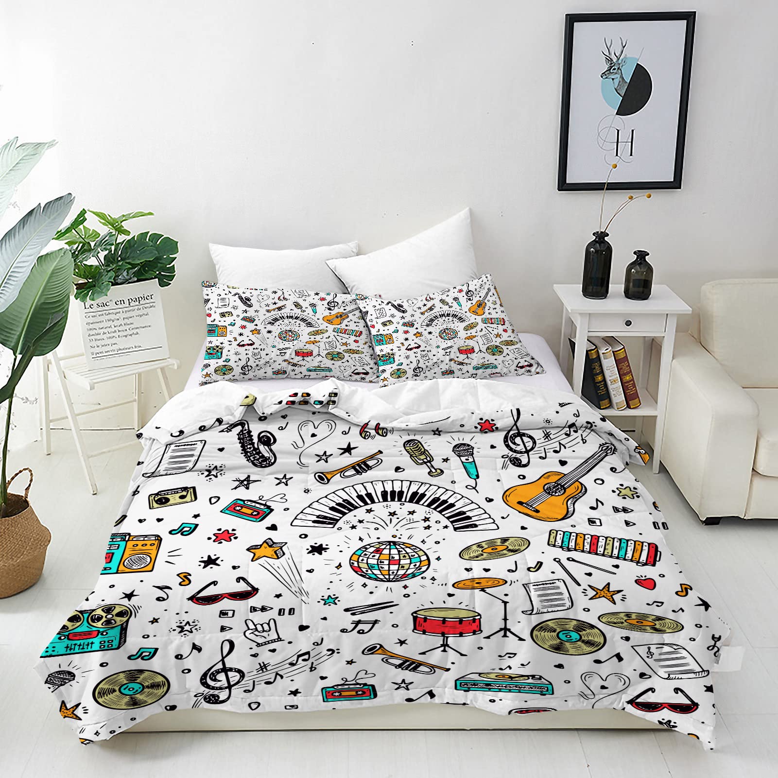 ANHOPE Music Duvet Cover Set Soft Comforter Cover Retro Musical Equipment Print Pattern 3 Piece Bedding Set with Pillowcase All Season Decor Quilt Cover with Zipper for Kids Adult Double Size