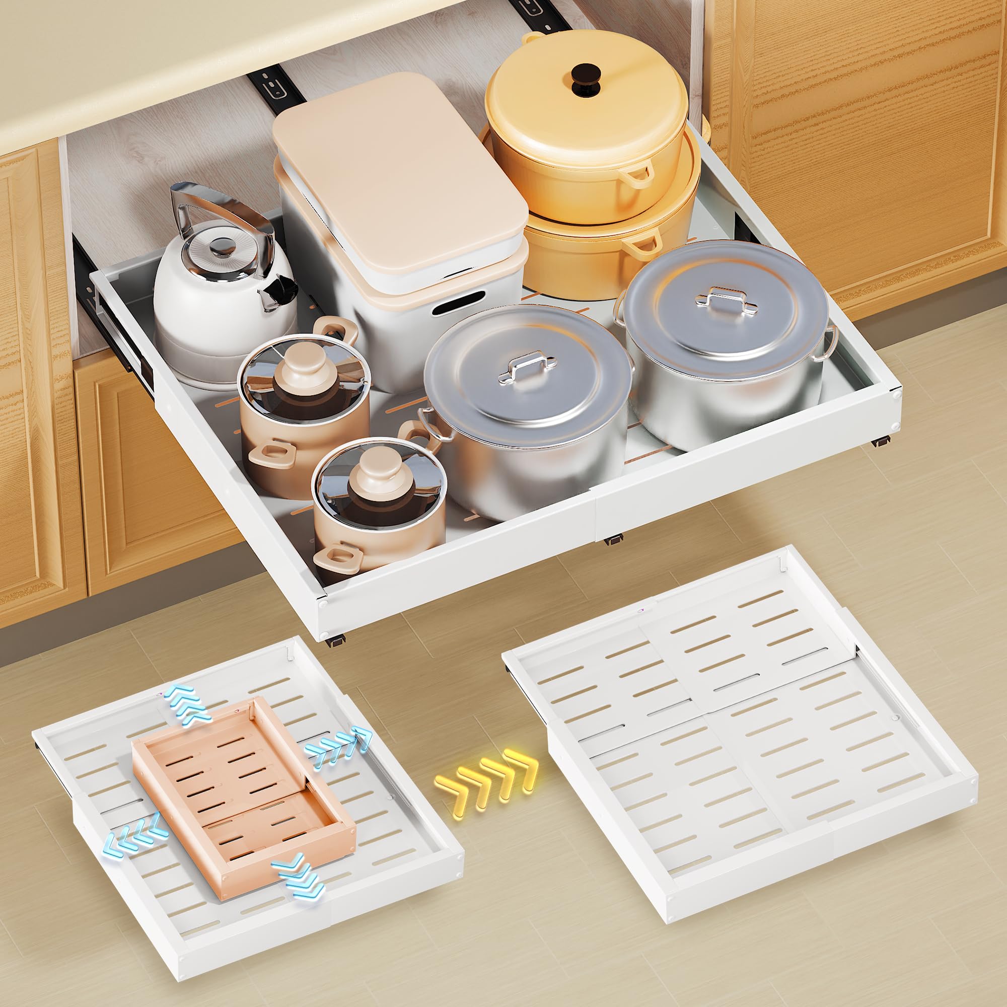 Photo 1 of 1 Pack Pull Out Cabinet Organizer, Slide Out Drawer Expandable Width (12"-19") and Depth (17"-23") With 3 Slides, Fixed with Adhesive Film and Nail for Cabinets in Kitchen, Pantry or Bathroom