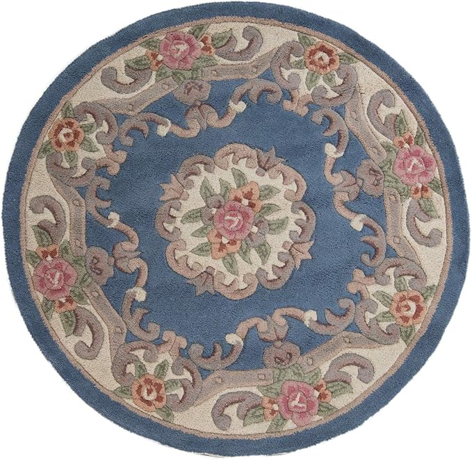 eRugs Traditional Round Original Classic Aubusson Floral 100 Wool Hand Tufted Chinese Rug, Blue