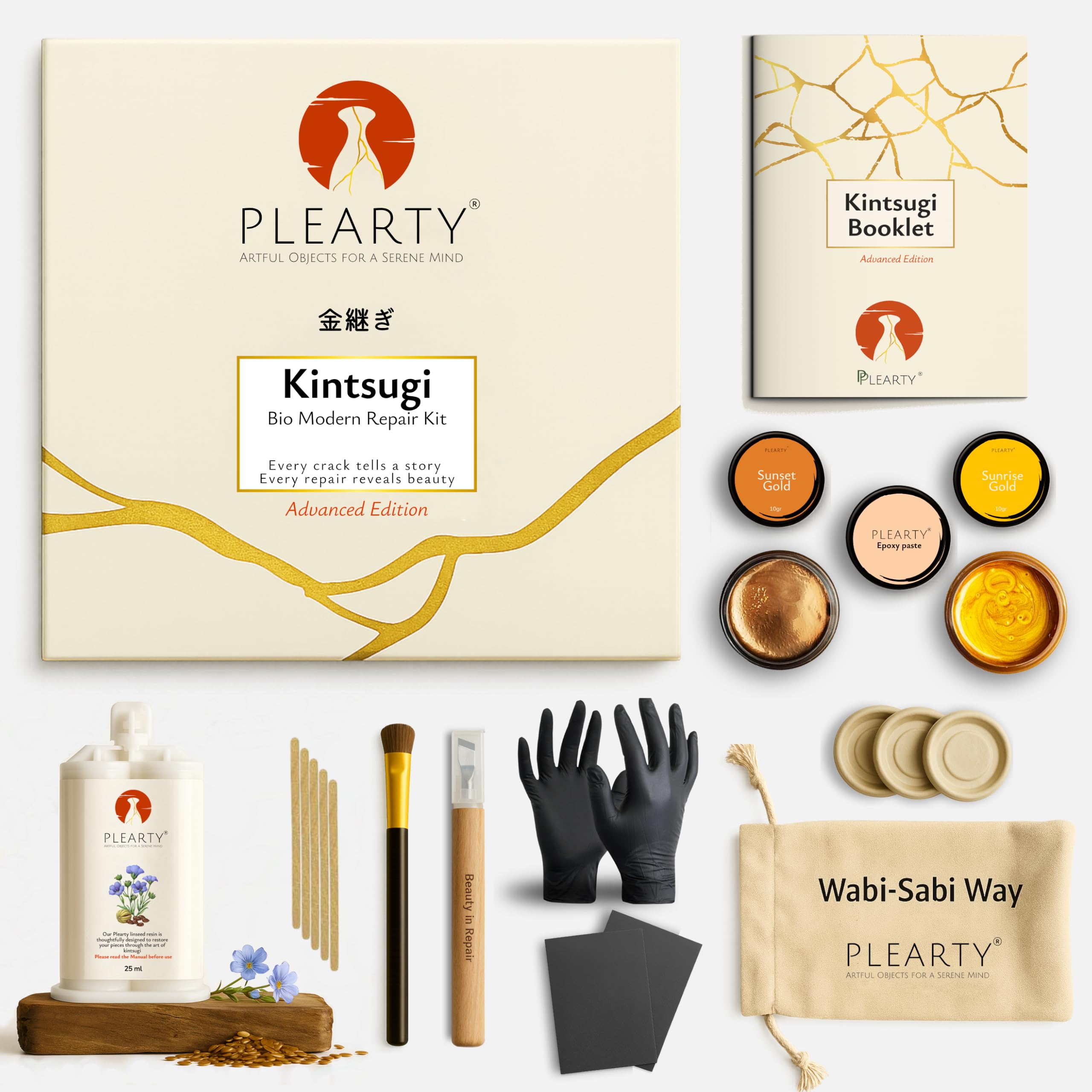 PLEARTY Kintsugi Kit de reparación - Edición avanzada - Resina de linaza Apto para alimentos Apto para lavavajillas Materiales del kit Kintsugi ecológicos y duraderos - Kit completo