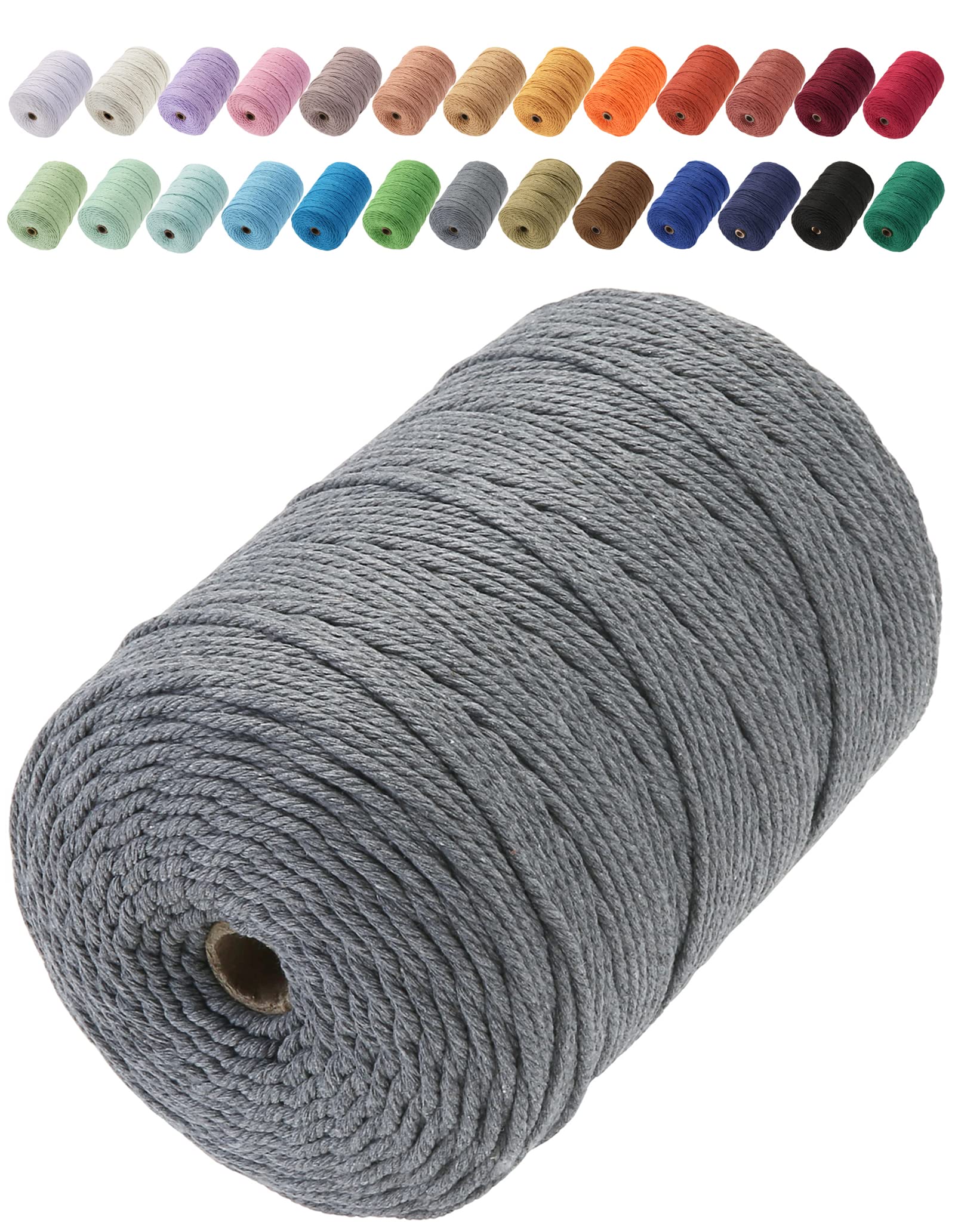 GOHOF Macrame Cord 3mm x 200m Premium Cotton Macrame Rope, 4 Strand Twisted Soft Cotton Cord, Perfect for Macrame Art, Dark Grey — image 1