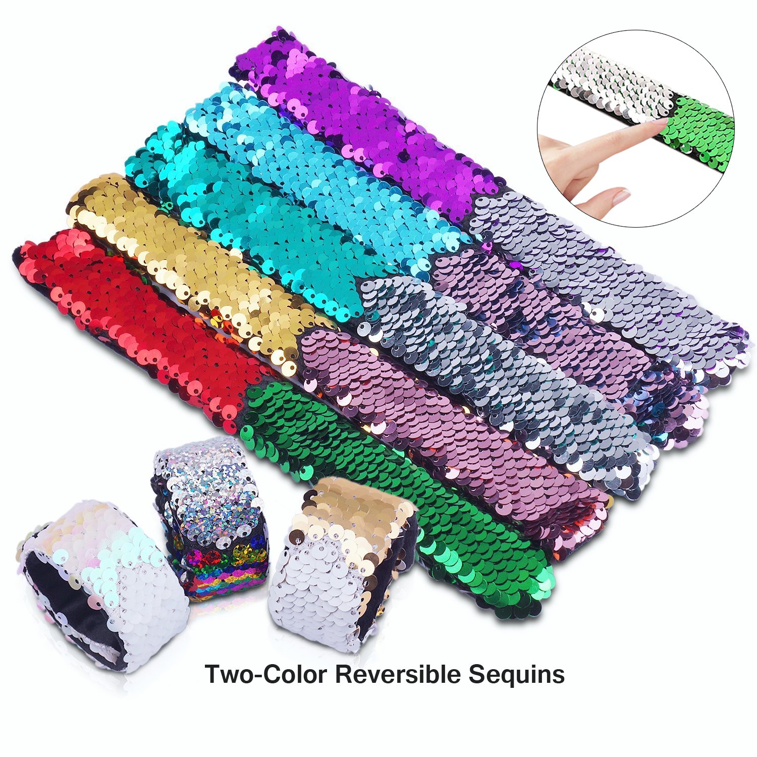 Hyfanda Magic Mermaid Slap Bracelet 12 Pack for Birthday Party Favors Christmas Gifts, Two-color Decorative Reversible Charm Sequins Flip Wristband Bracelet for Kids,Girls,Boys,Women (12PCS)