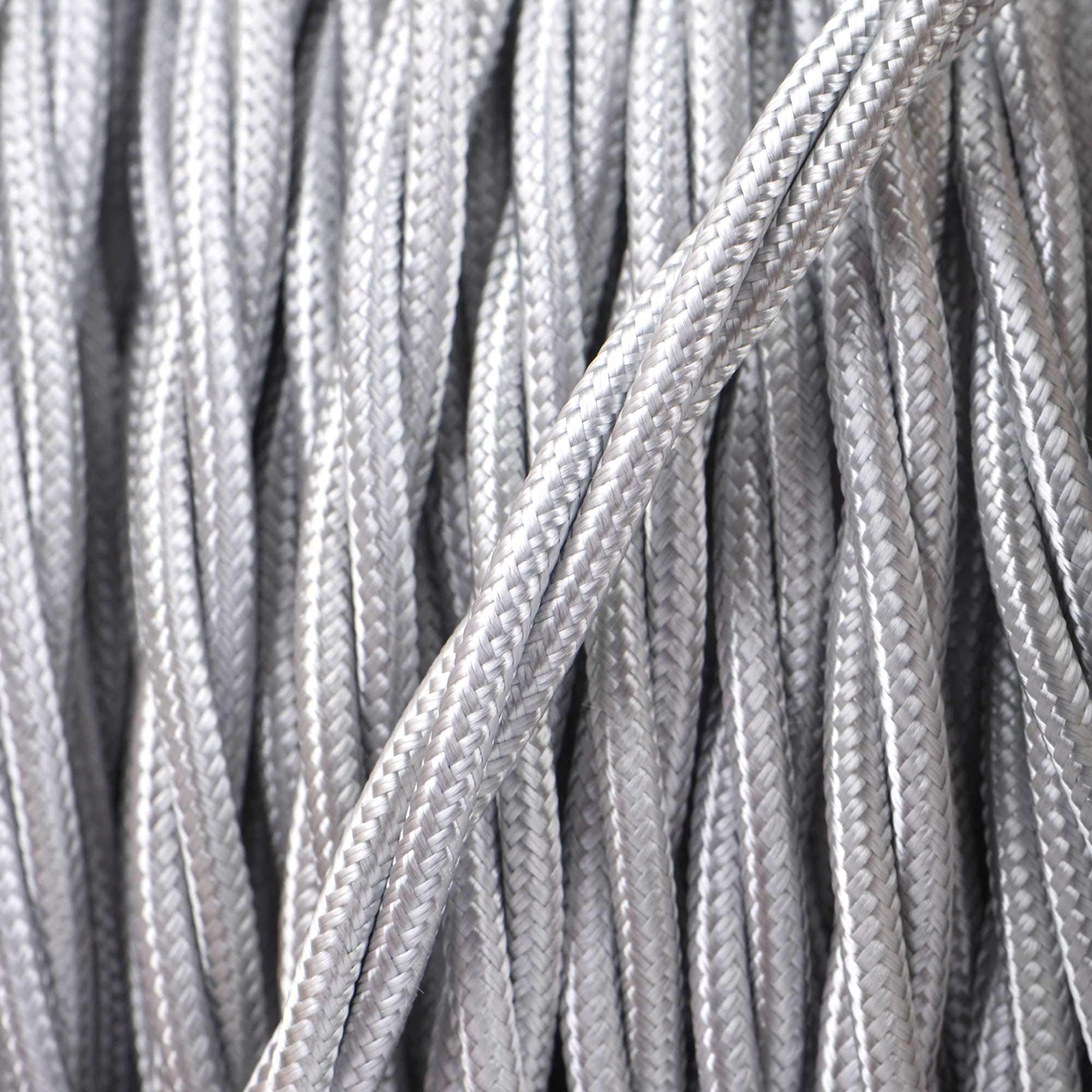 ElekTek Silver Twisted Vintage-Style Braided Fabric Covered Lighting Flex Cable 2m Pack Length, 3-Core 6 Amp (0.75mm), EU Manufactured