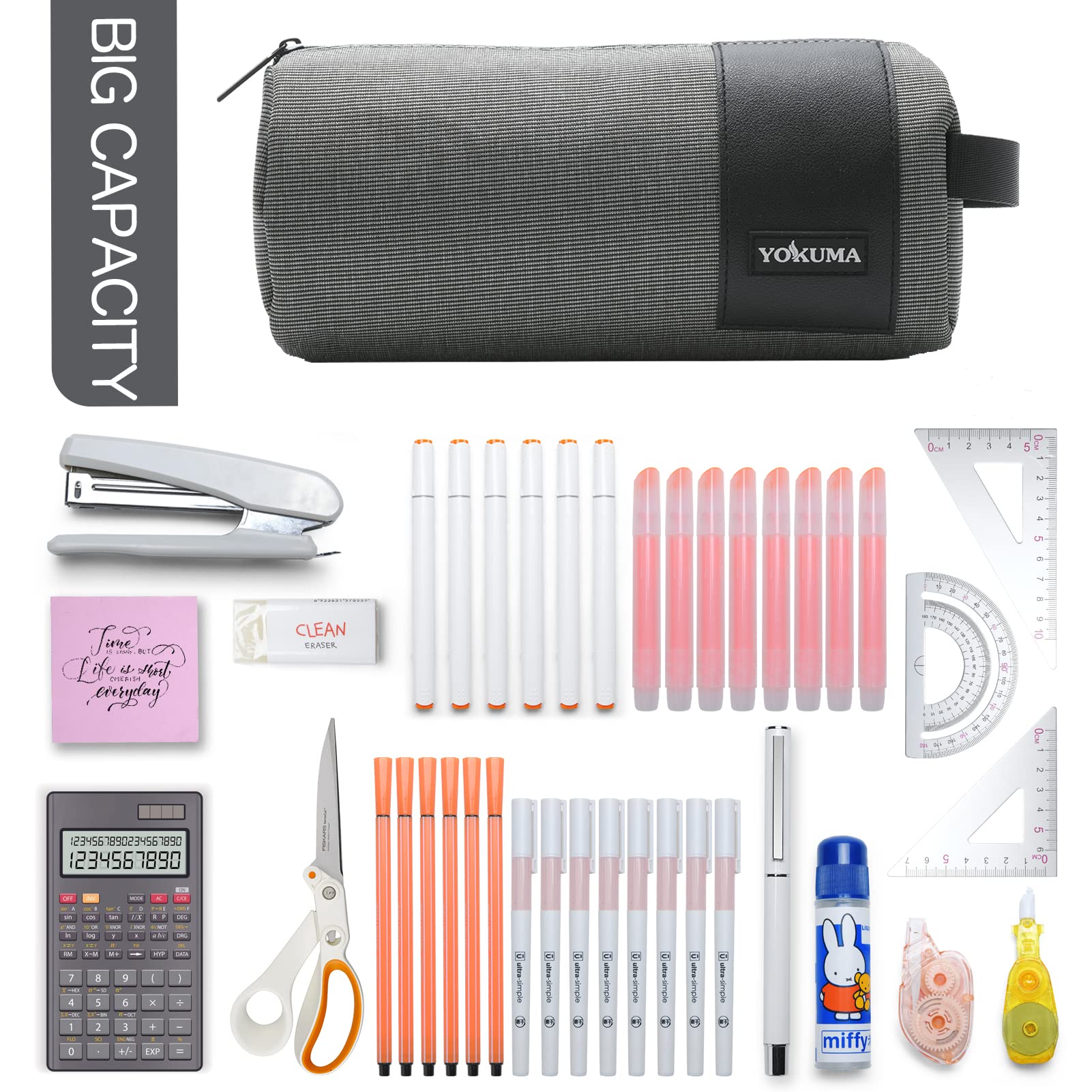 YOKUMA Pencil Case for Adults Aesthetic Pencil Pouch Pen Bag Office Supplies for College Big Capacity Stationery Organizer(Grey)