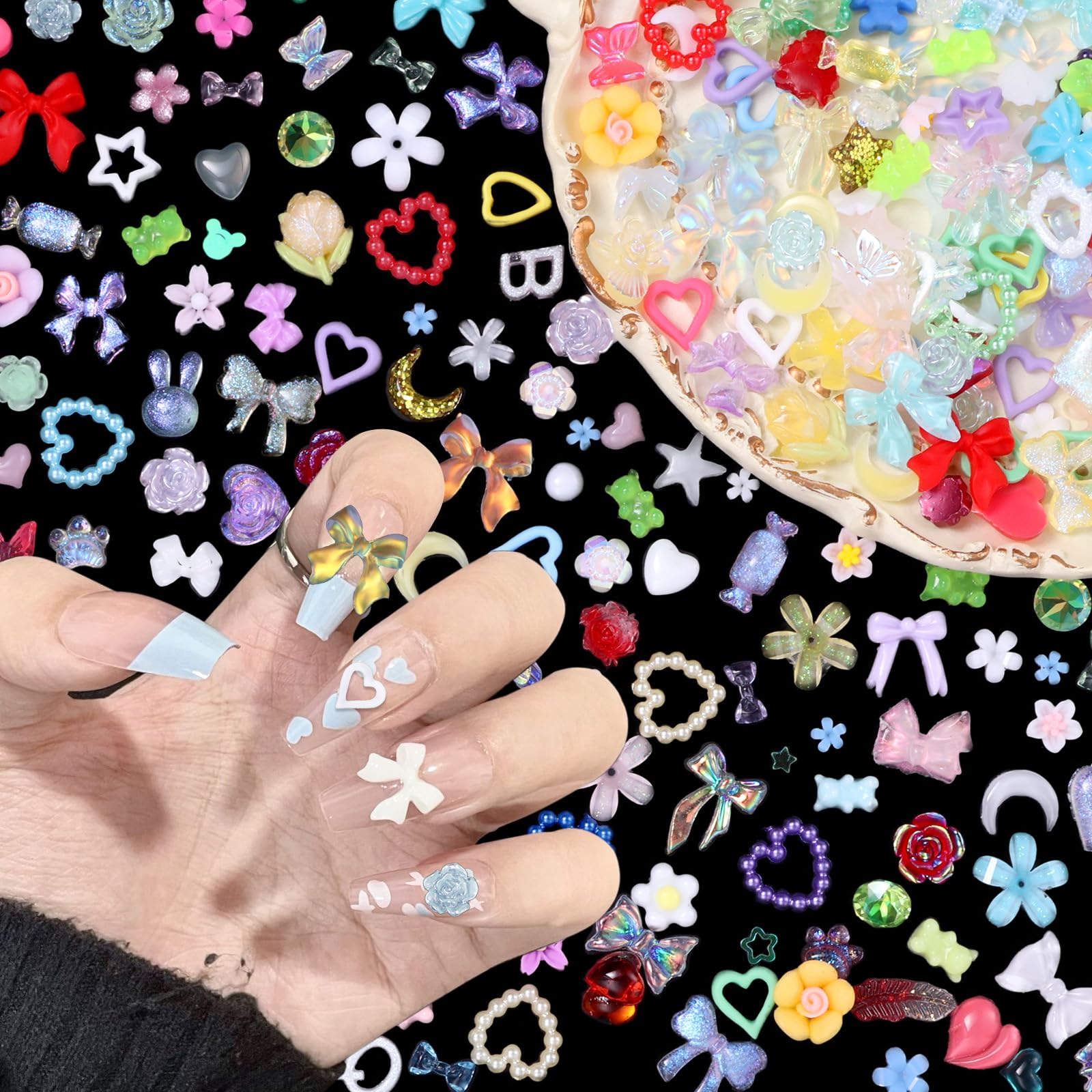 Photo 1 of 200Pcs Colorful Junk Case Charms for Nails Design, Colorful Nail Charms Heart Flower Butterfly Bow Hollow Pearls Nail Art Charm for Manicure DIY Crafts Jewel Accessories (2 pack)