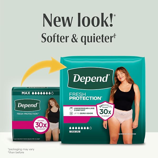 DEPEND FRESH PROTECTION ADULT DIAPERS, INCONTINENCE UNDERWEAR FOR WOMEN, DISPOSABLE, MAXIMUM, LARGE, BLUSH, 17 COUNT, PACKAGING MAY VARY
