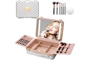 Mocado Travel Makeup Case with Lighted Mirror, 8 Makeup Brushes & 10x Magnifying Mirror, Cosmetic Case with Adjustable Brightness, White