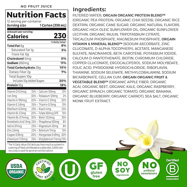 ORGAIN ORGANIC NUTRITIONAL VEGAN PROTEIN SHAKE, VANILLA BEAN – 16G PLANT BASED PROTEIN, MEAL REPLACEMENT, 21 VITAMINS & MINERALS, FRUITS & VEGETABLES, GLUTEN FREE, NON-GMO, 11 FL OZ (PACK OF 12)