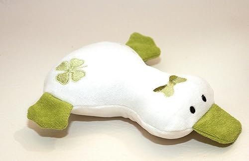 Kuscheltier Ente aus Bio Baumwoll Nicki und Frottee grün, Kleeblatt, handgemacht, Personalisierbar mit Namen, Rassel, Knister