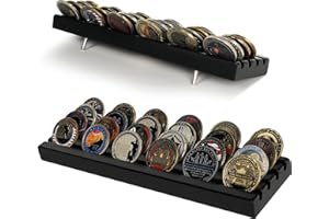 DecoWoodo Challenge Coin Display Stand 4 Rows Wooden Military Coin Holder Rack Case Holds 30 Coins, Black Finish