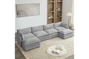 Bumblr Oversized Modular Sectional Couch with 2 Ottomans, 148" Wide Corduroy Sectional Sofa, Modern U Shaped Couch with Convertible Chaise, Extra Large 4 Seat Sofa Set, Light Grey