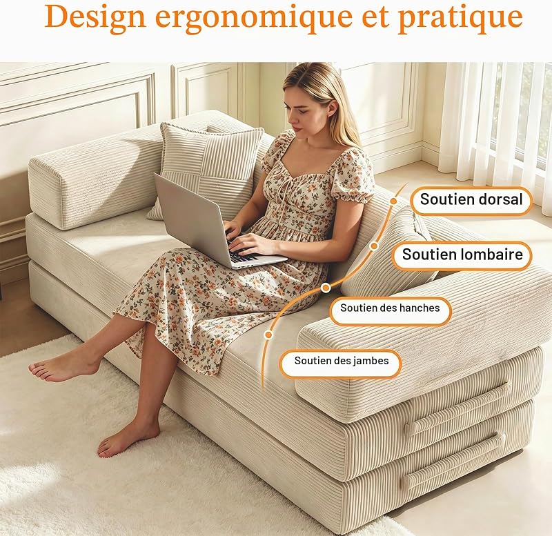 200cm 5 en 1 Canapé Compressé, Fabriqué en Velours Côtelé de Haute Qualité avec Forme de Mémoire Haute Densité Versatile Canapé Convertible 3 Places pour Pièce Compacte, Blanc