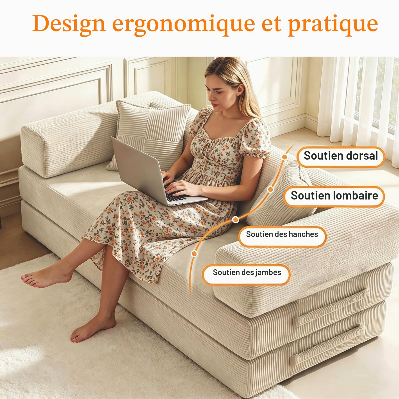 200cm 5 en 1 Canapé Compressé, Fabriqué en Velours Côtelé de Haute Qualité avec Forme de Mémoire Haute Densité Versatile Canapé Convertible 3 Places pour Pièce Compacte, Blanc