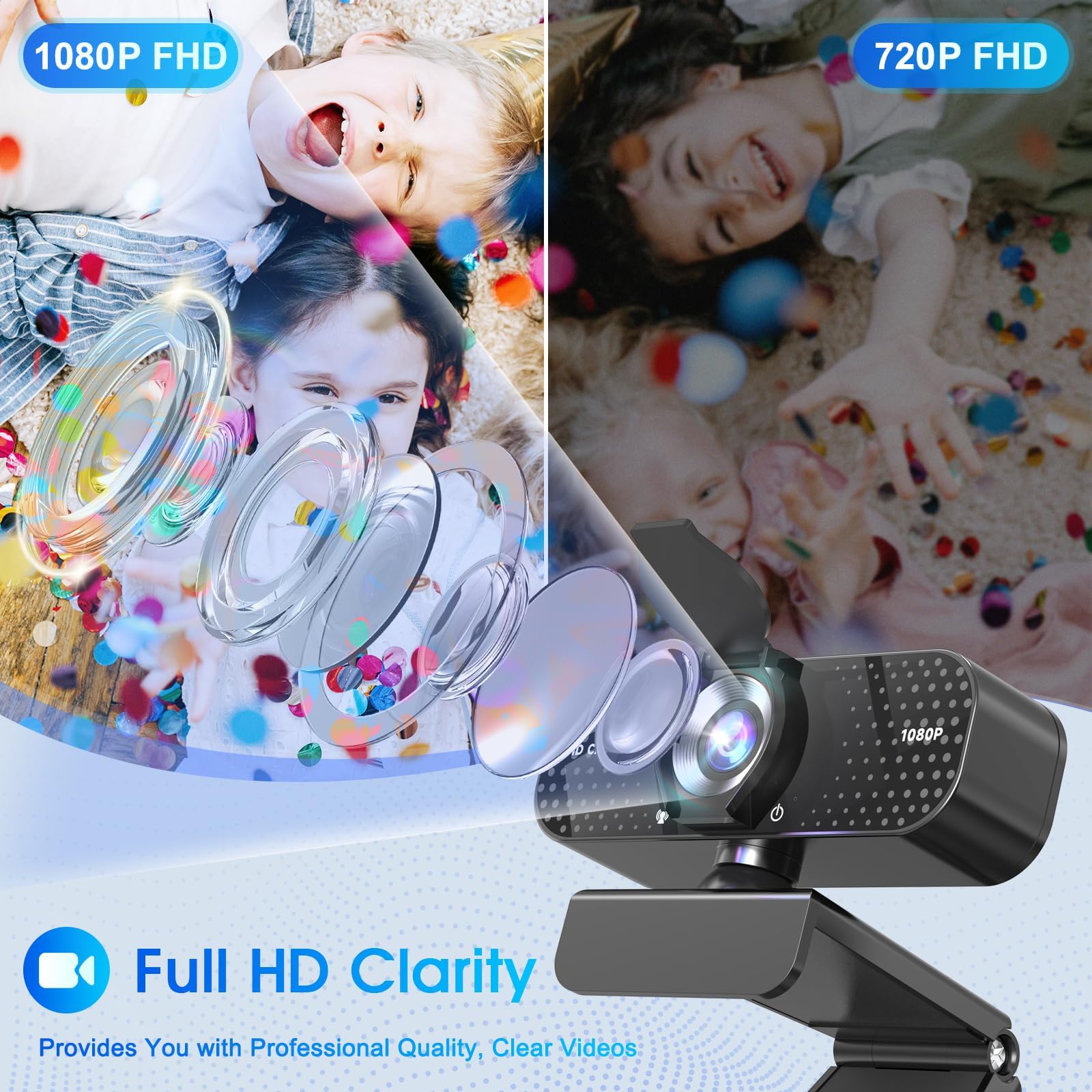 1080P HD Webcam with Microphone, Wide-Angle Lens, Auto Light Correction, Plug & Play USB Webcam for Laptop, Desktop, PC, Mac, Zoom, Skype, Streaming Black