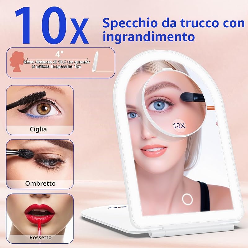Specchio cosmetico con illuminazione, 10 interruttori touch, pieghevole da viaggio con 3 colori chiari, ad ultrasuoni con luce