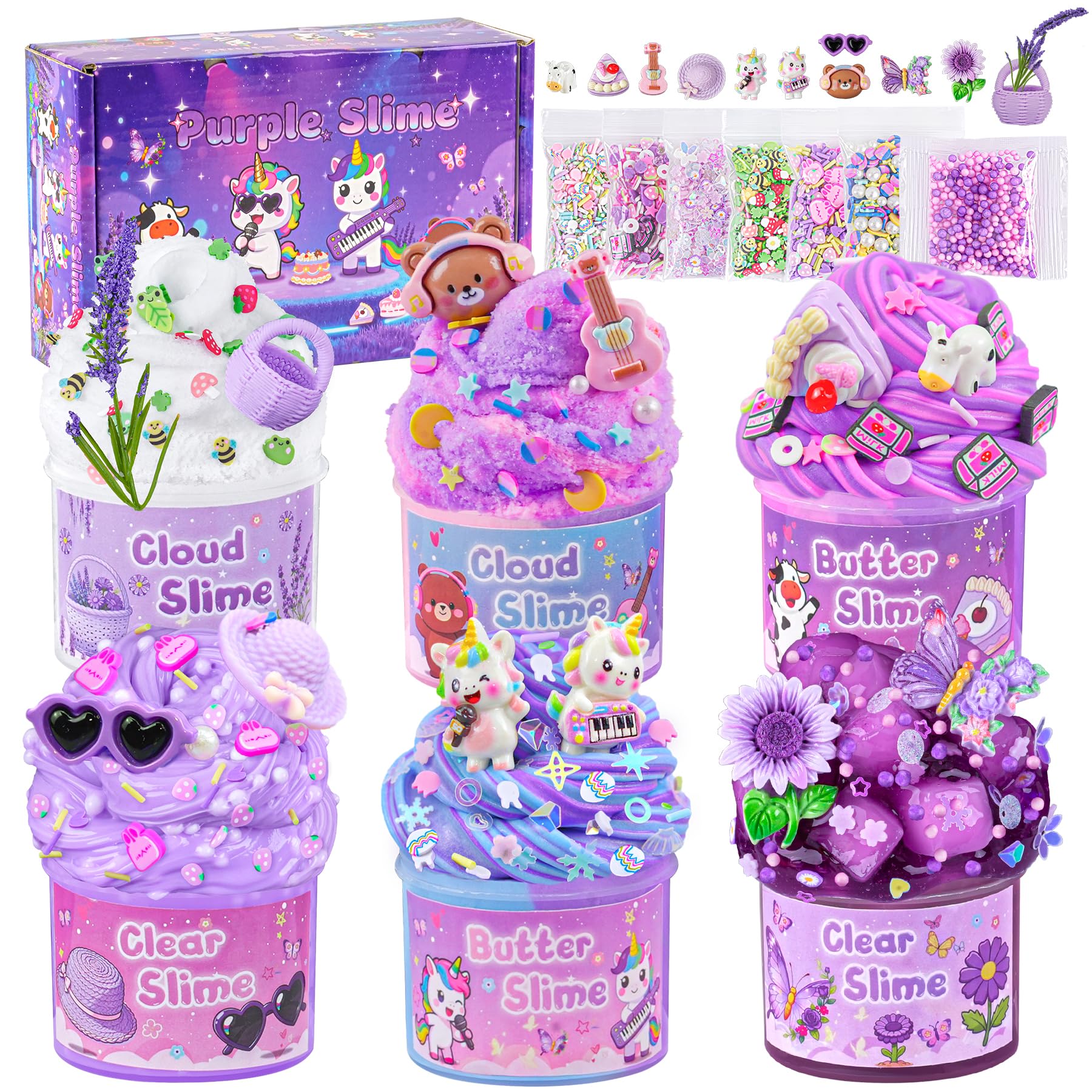 LAWOHO 6 Packs Purple Lavender Slime Kit - Cloud, Clear, Butter Slimes Kits for Girls & Boys, Non Sticky & Fluffy Kids Slime, Cloud Slimes with Cute Charms & Add-ins, 360ml Girls Toys Slime Making Kit