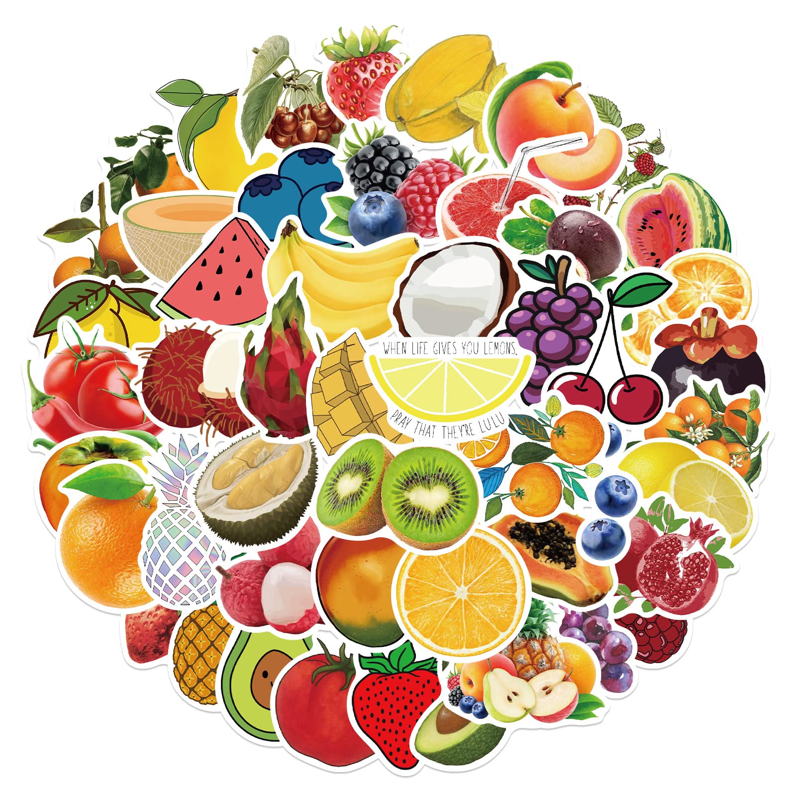 Stickers Cute Fruits 50pcs Variety Fruits Vegetables Stickers Vinyl Sticker for Water Bottles Laptop Refrigerator Luggage Cup Computer Mobile Phone Aesthetic Decals