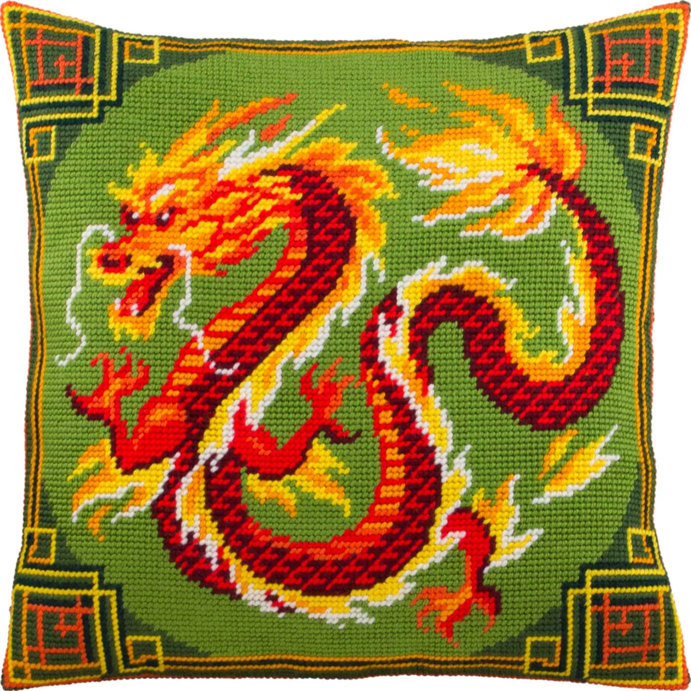 Brvsk Chinese Dragon. Embroidery Kit w/Printed Tapestry Canvas (40 × 40 cm) — Embroidery Cushion Kit for Creative Home Décor — Needlework Kit for Adult Beginners