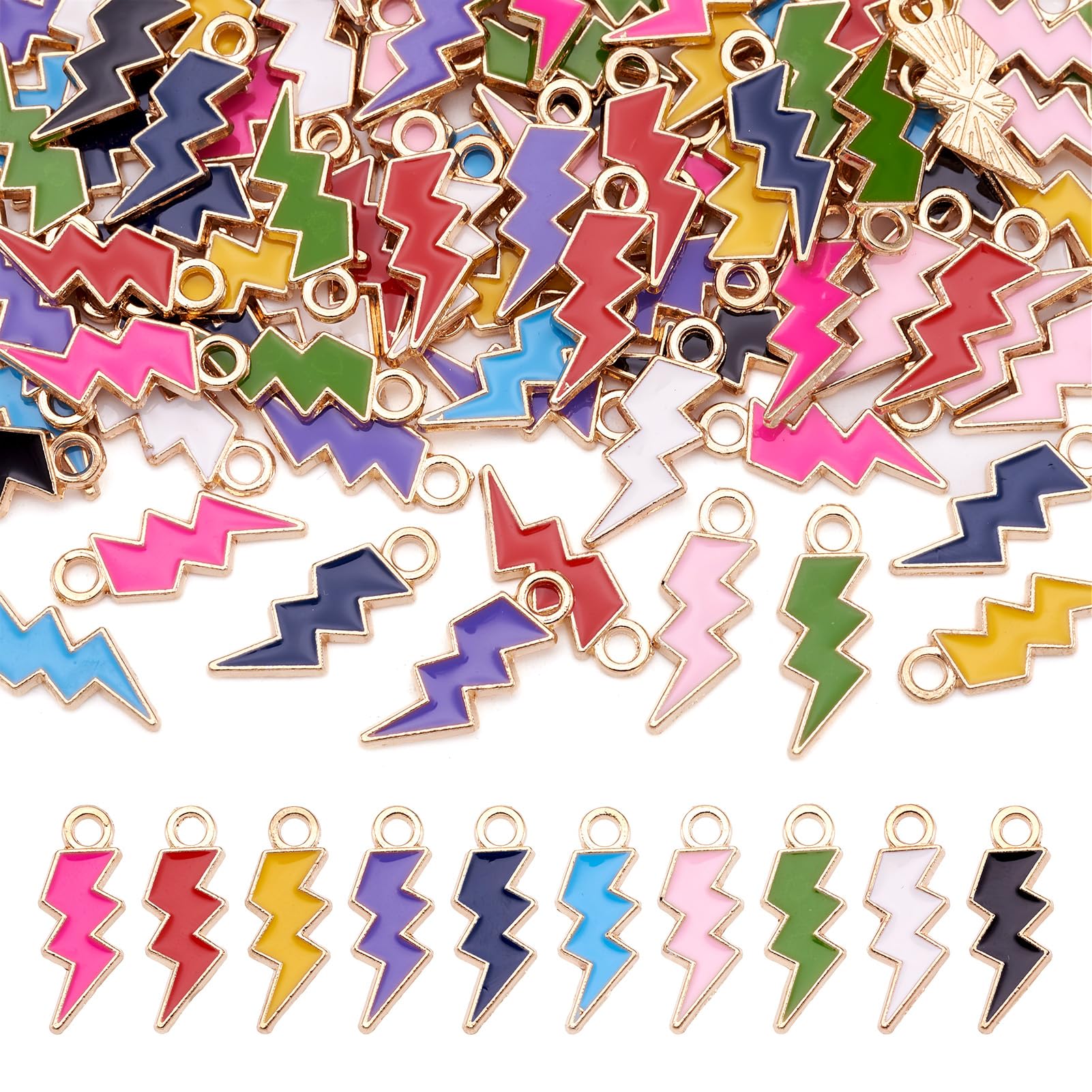 PandaHall 100pcs Alloy Enamel Flash Lightning Bolt Charms Pendant Gold Plated 10 Colors for DIY Jewelry Bracelet Making Hole: 2mm