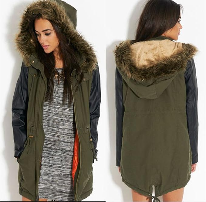 WOMENS LADIES LEATHER LOOK SLEEVE FISHTAIL PARKA COAT SIZE 816 (14, KHAKI) Amazon.co.uk Clothing