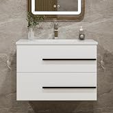 Chyanmoo 30 Inch Floating Vanity with Sink, Modern Wall Mounted Bathroom Cabinet with 2 Soft-Close Drawers &amp; Black Handles, Space-Saving Vanity Cabinet for Bathroom (White, 30")