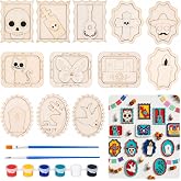 12 Pack Day of the Dead DIY Wooden Craft Kit, Skull Frame Wood Craft Decor | Unfinished Dia De Los Muertos Painting Crafts with Paint Colors and Brush for Home Decor Halloween Party Favors