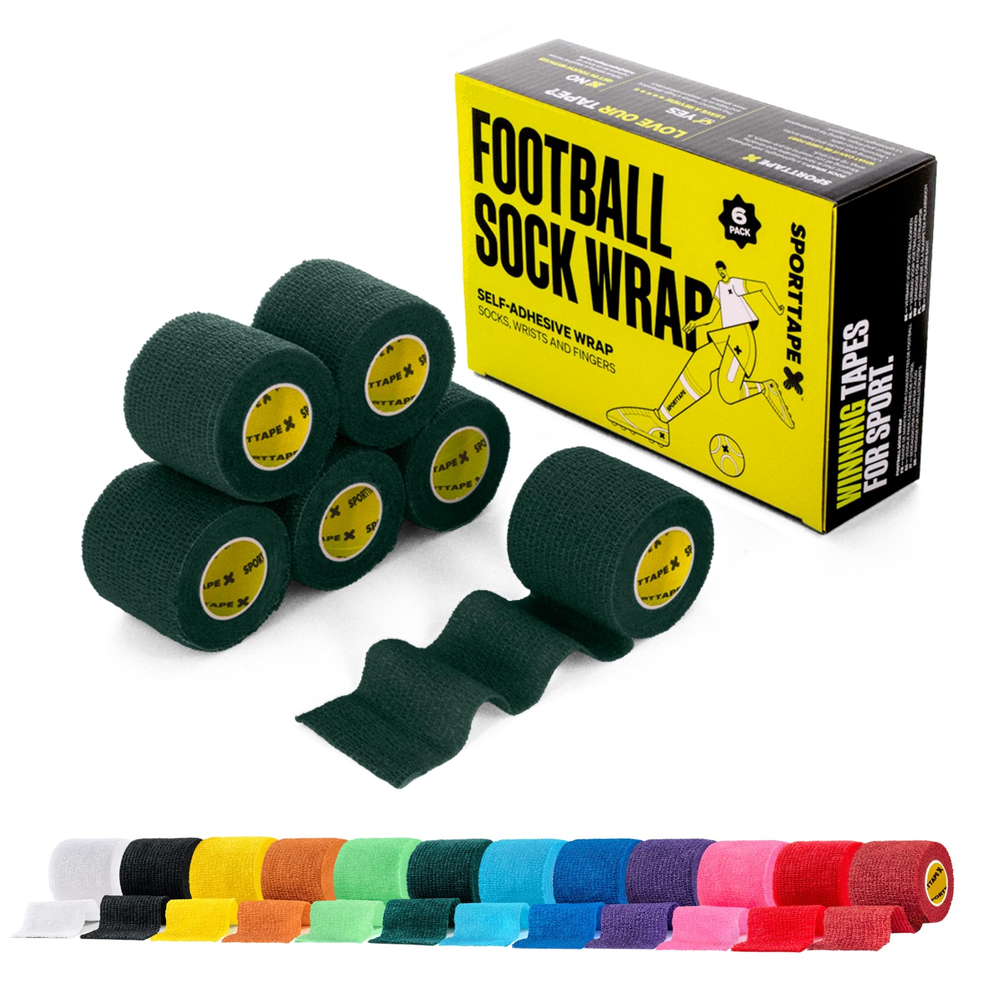 SPORTTAPE 6 Rolls Football Sock Tape, 5cm x 4.5m, Dark Green - Self-Adhesive Cohesive Bandage, Compression Wrap & Sports Stretch Tape for Ankles, Joints, Socks, Vet, Pet Wrap for Dogs and Horses