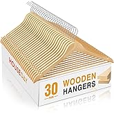 HOUSE DAY Slim Wooden Hangers 30 Pack, Solid Wood Hanger with Non Slip Shoulder Notches & Pant Bar, Smooth Finish Wood Clothes Hangers for Shirts, Suits, Jackets, Natural