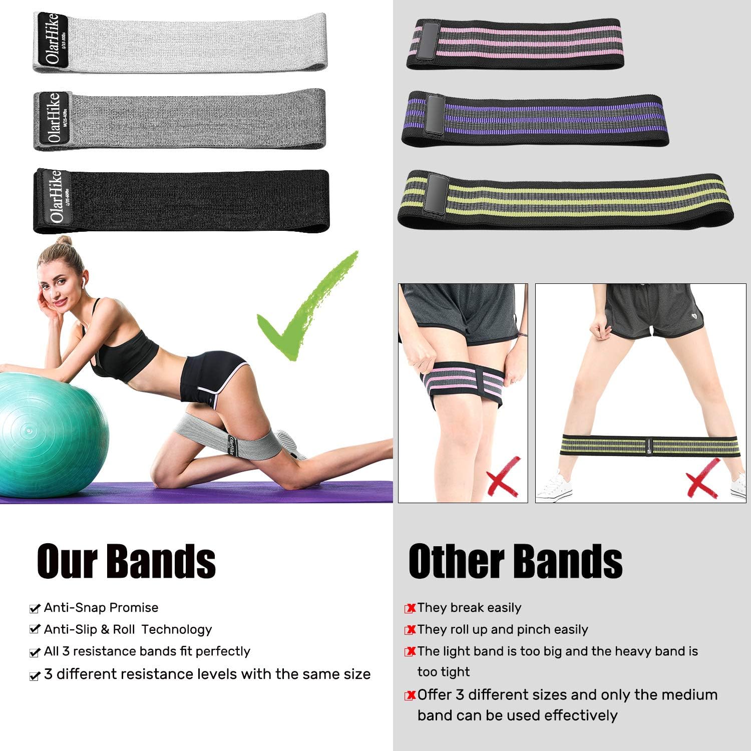 OlarHike Booty Bands for Working Out, 3 Fabric Resistance Bands Set for Legs and Butt, Non-Slip Workout Exercise Bands with Portable Carrying Bag, Glute Band for Women Fitness : Sports & Outdoors