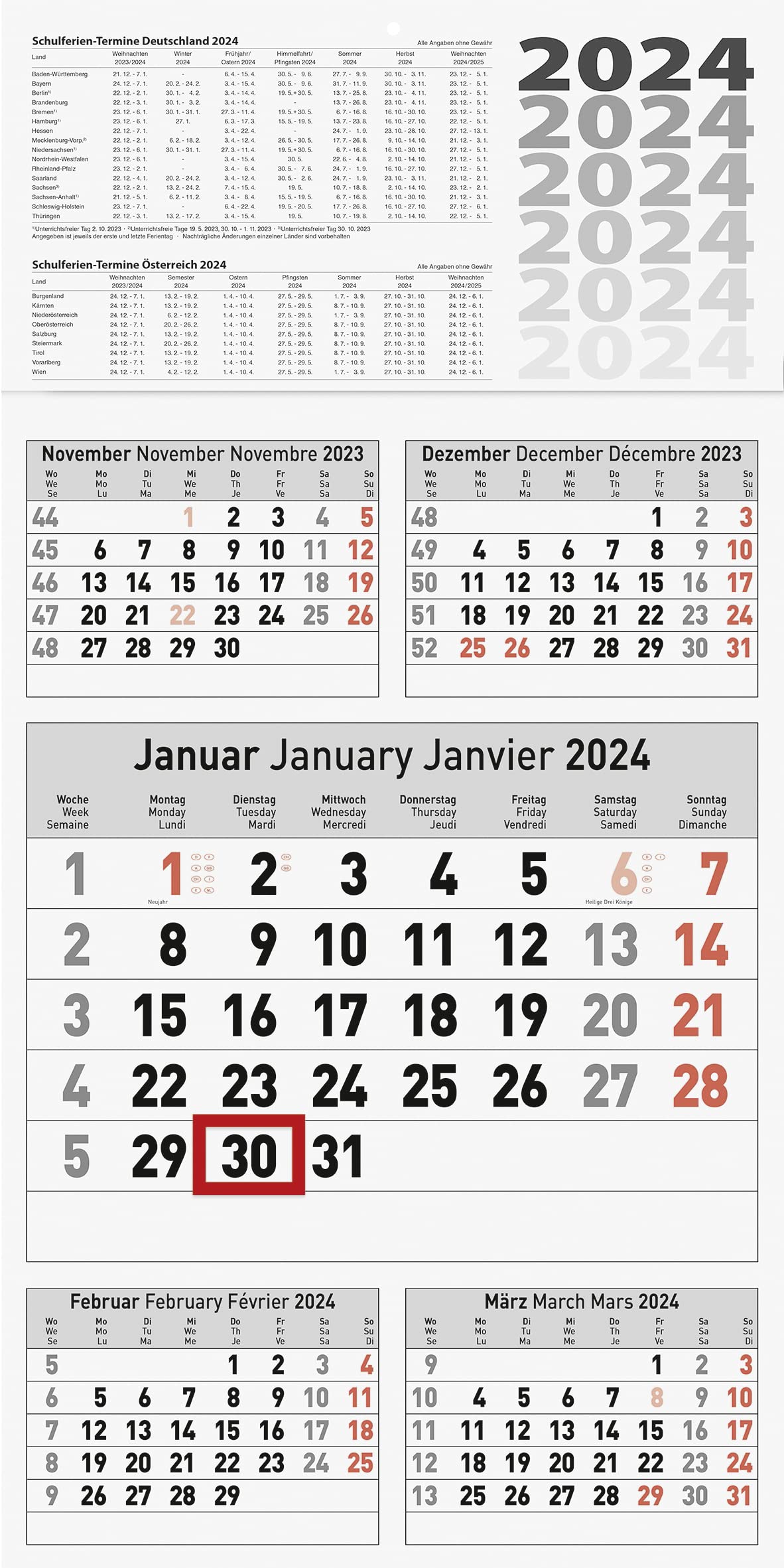 BRUNNEN 5-Month Calendar 2024 1 Sheet = 5 Months 30 x 58.5 cm One Piece Back: Grey
