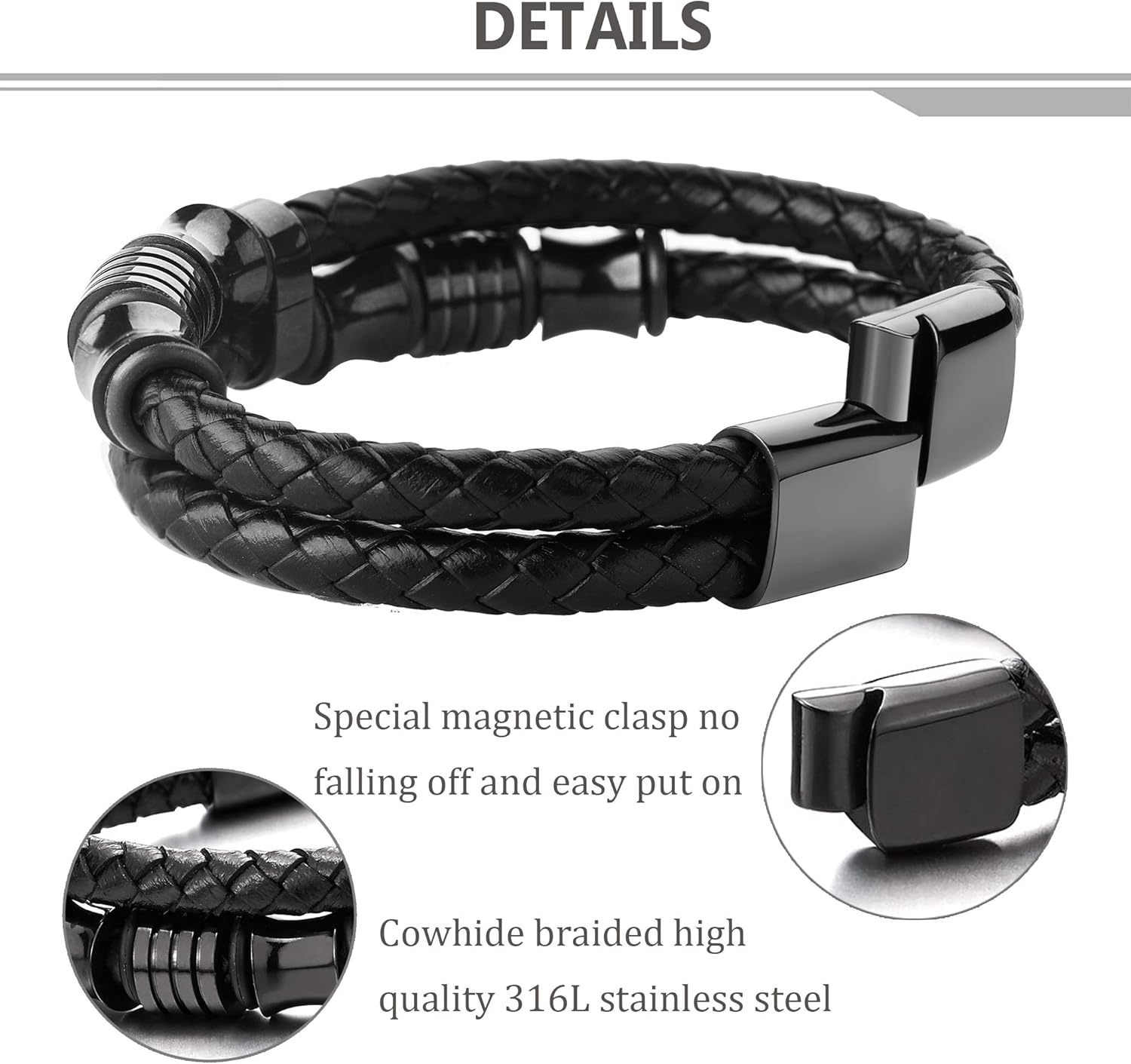 FIBO STEEL Braided leather Bracelets for Men Wrap Leather Bracelet Bangle Cuff (A:Black): Clothing