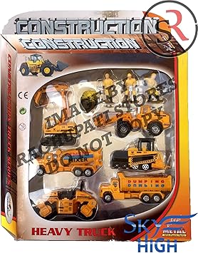 Skyhigh Construction Truck Set Die Cast Pro Engine Playset Metal Body with Plastic Parts Series Toy Crane, Crew and 5 More Vehicles