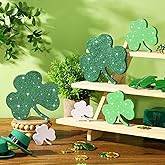 Burbell 6 Pcs St. Patrick's Day Shamrock Decorations Wooden Shamrock Signs Irish Clover Glitter Table Centerpieces Green White Lucky Tabletop Decoration for Home Shelf St. Patrick's Day Party Gifts