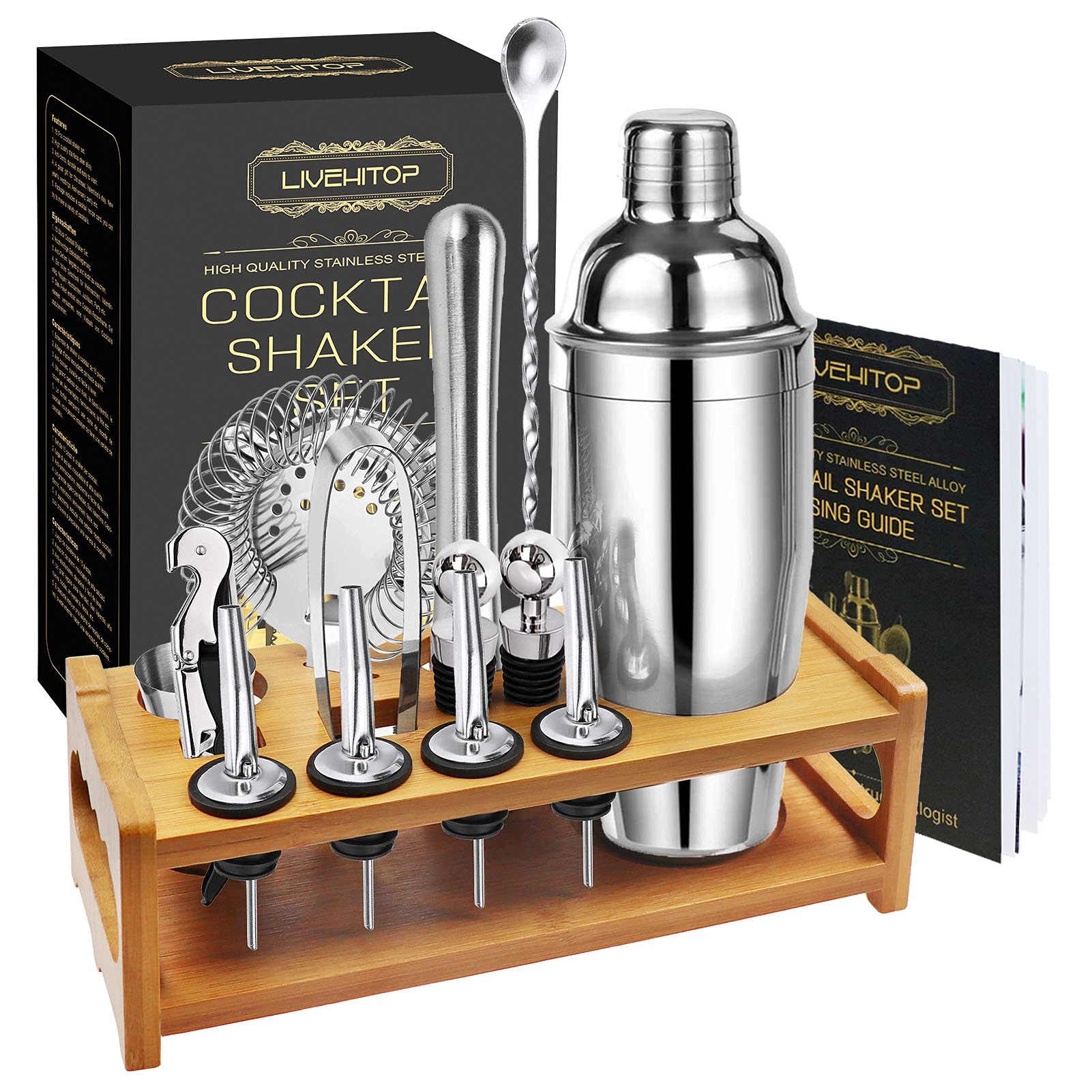 LIVEHITOP Cocktail Shaker Kit with Stand, 15PCS Bartender Set with 750ml Stainless Steel Shaker, Gift Set with Recipe Book for Drink, Home, Bar, Party