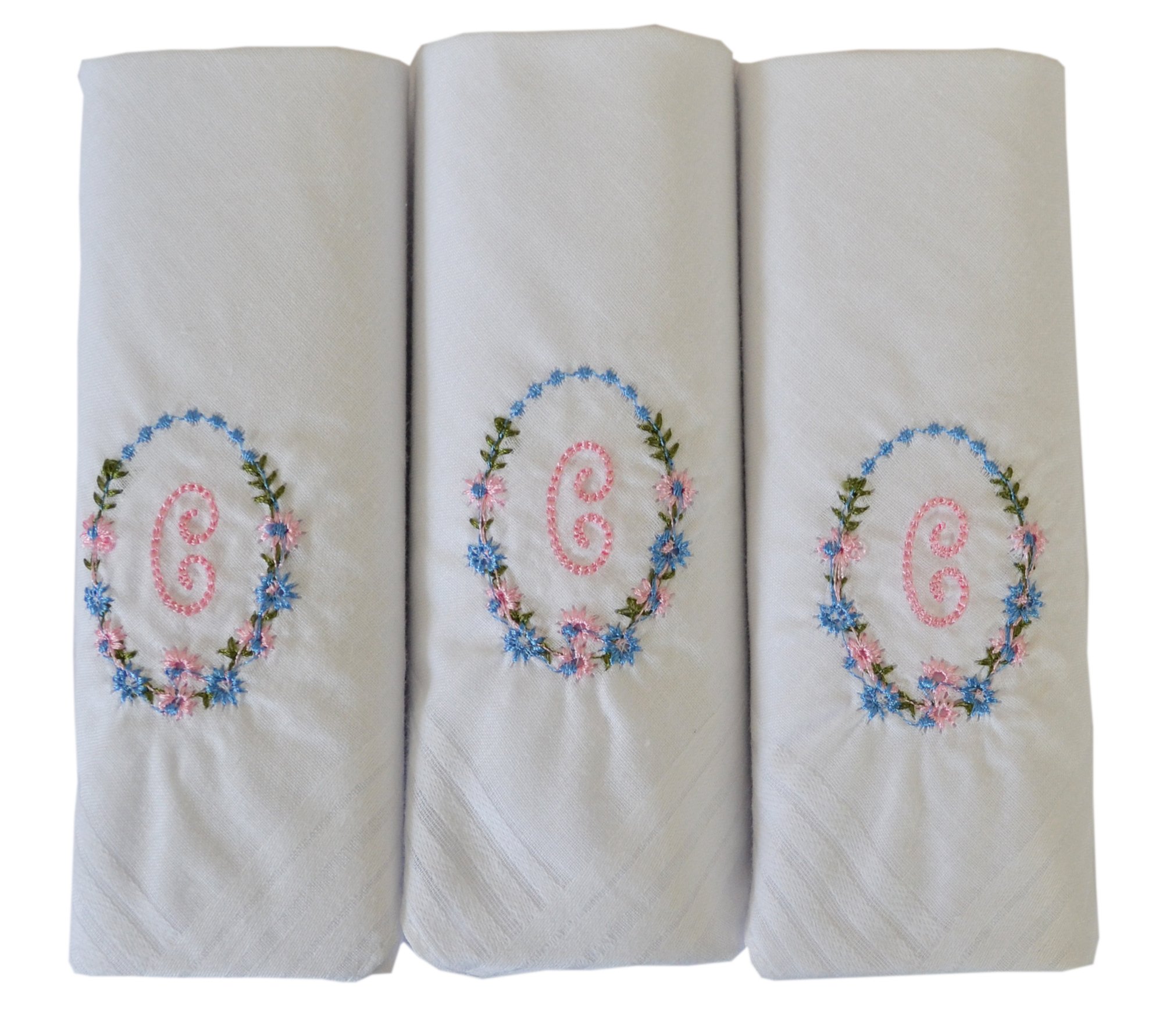 3 Pack Of Womens/Ladies Embroidered Initials Handkerchiefs With White Satin Border, C