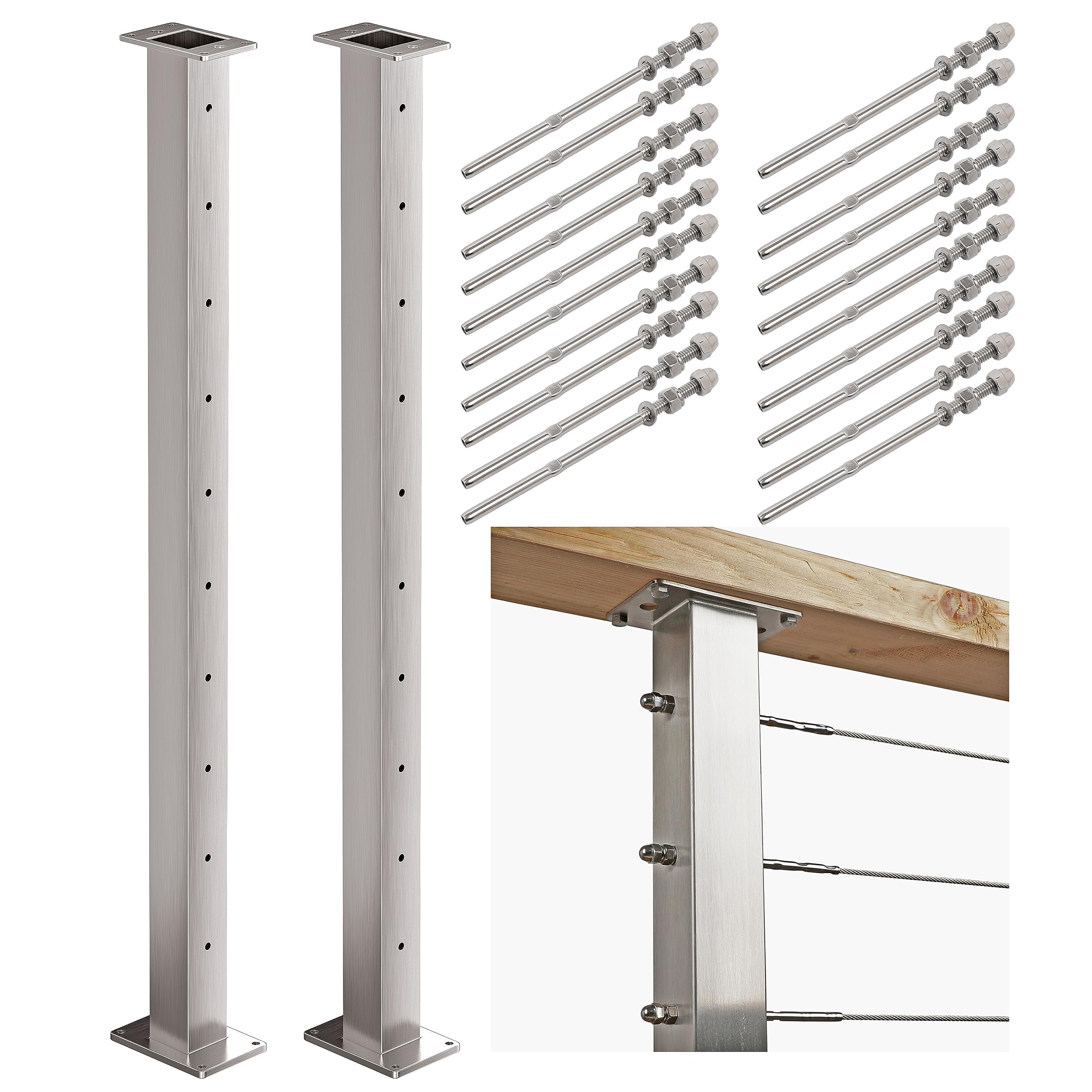 Photo 1 of Mayset 36" 2 Pack Stainless Steel Cable Railing Post 2"×2" with 1/8 Cable Railing Kit, Level drilled (2, 36 Inch)