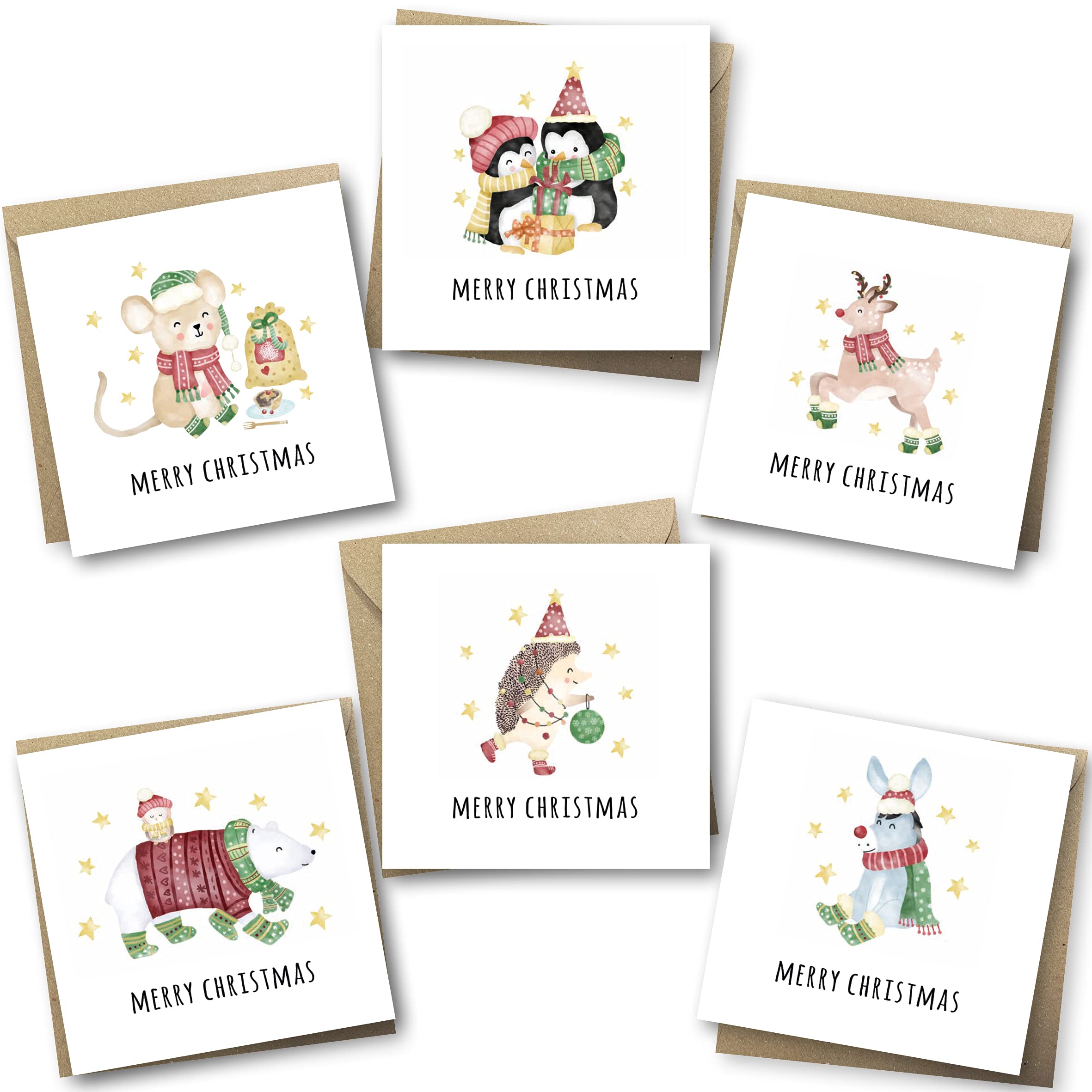 Charity Christmas Cards Pack of 24. Each Christmas Card Multipack has 6 Different Cute Animal Designs. Ecofriendly and UK Made. Verse Inside. Large 150x150mm Card Size.