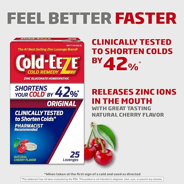 COLD-EEZE NATURAL CHERRY ZINC LOZENGES, HOMEOPATHIC COLD REMEDY, REDUCES DURATION OF THE COMMON COLD, SORE THROAT, COUGH, CONGESTION, AND POST NASAL DRIP, 25 COUNT