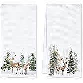 JFFTLL Rustic Winter Deer Kitchen Towels, Christmas Tree Dish Tea Towels for Kitchen Decor, Xmas Forest Reindeer Decorative Hand Towel for Bathroom, 16x24 Inch Set of 2