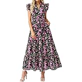 dowerme Women Summer Maxi Dresses 2026 Ruffle Sleeve V Neck Floral Boho Long Dress Belted Tiered Sundress with Pockets
